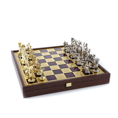 Greek Roman Period Metal Chess Set Gold &Silver Chessmen 41Cm Manopoulos Sk11Red