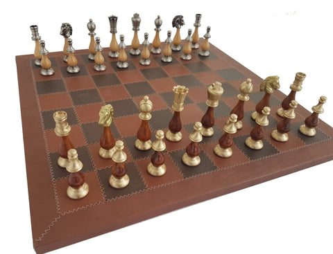 Italfama Brass Oriental Chess Set with Leather Board, 10cm King, Italy