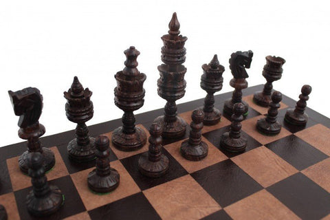 Italfama Hand-Carved Mahogany Chess Set with Genuine Leather Board Made in Italy