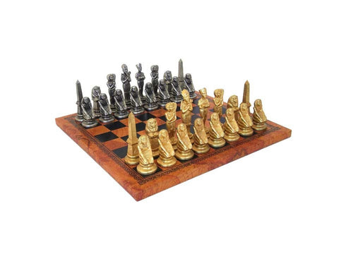 Italfama Egyptian Metal Chess Set, Gold/Silver Plated, Faux Leather Board