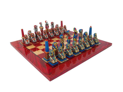 Italfama Egyptian Metal Chess Set, Red Yew Wood 51cm Board, Handmade Italy