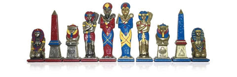 Italfama Egyptian Metal Chess Set, Red Yew Wood 51cm Board, Handmade Italy