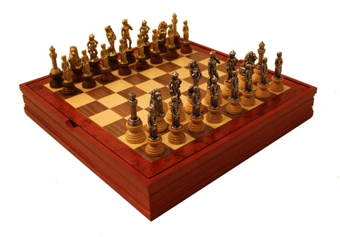 Italfama Florentine Chess Set Gold/Silver Metal Pieces, Walnut Board w/ Storage