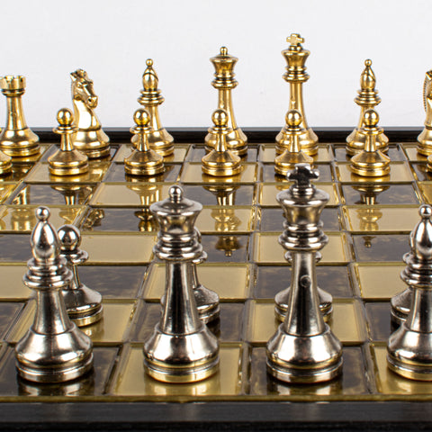 Classic Metal Staunton Chess Set Gold & Silver Chessmen 34Cm Manopoulos Sk34Bro