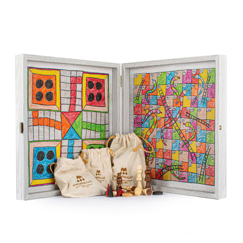 Chess/Backgammon/Ludo/Snakes - Children's Freehand Colored Drawing Sketch in Grey wooden case