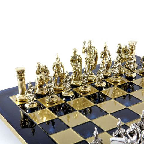 Greek Roman Period Metal Chess Set With 44cm Blue Wooden Chessboard Manopoulos