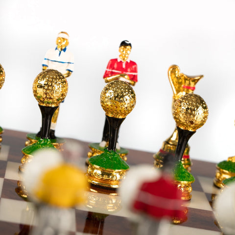 Italian Golf Chess Set, Hand-Painted Pewter, Lacquered Elm Board 42cm King 8cm