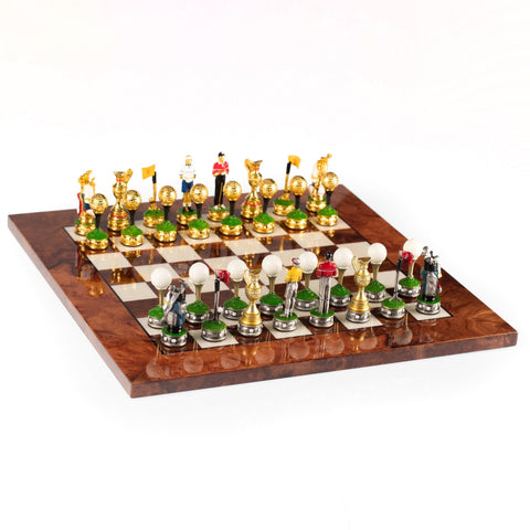 Italian Golf Chess Set, Hand-Painted Pewter, Lacquered Elm Board 42cm King 8cm