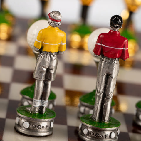 Italian Golf Chess Set, Hand-Painted Pewter, Lacquered Elm Board 42cm King 8cm