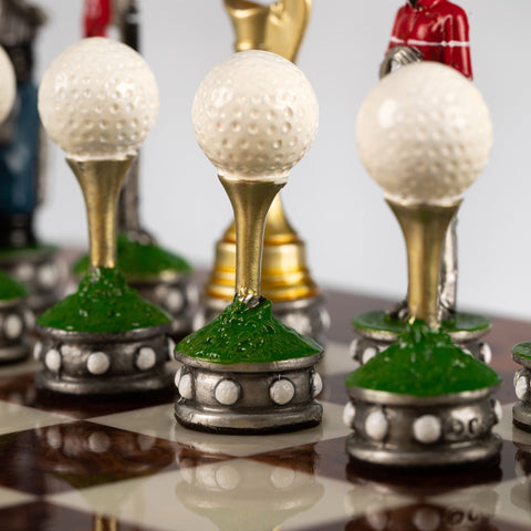 Italian Golf Chess Set, Hand-Painted Pewter, Lacquered Elm Board 42cm King 8cm