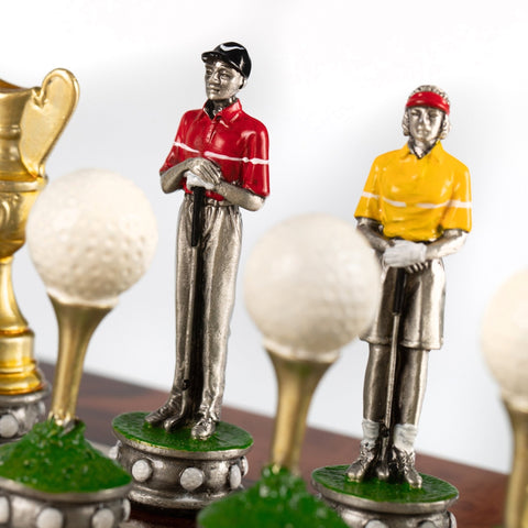Italian Golf Chess Set, Hand-Painted Pewter, Lacquered Elm Board 42cm King 8cm