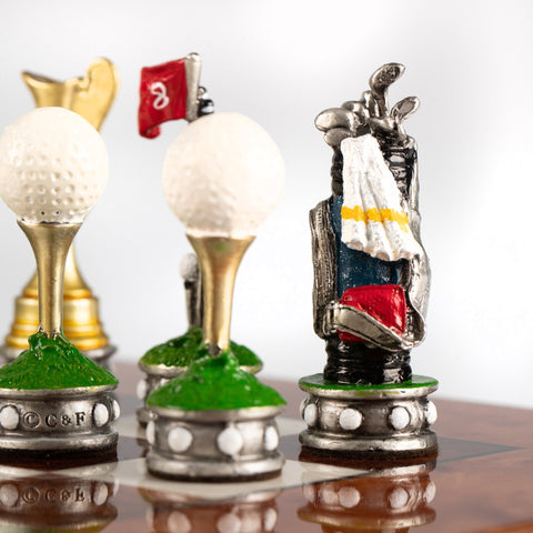 Italian Golf Chess Set, Hand-Painted Pewter, Lacquered Elm Board 42cm King 8cm