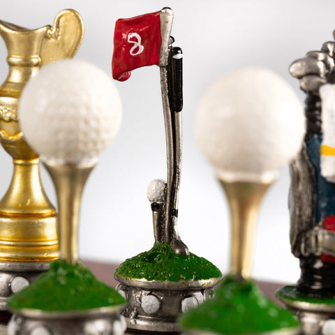 Italian Golf Chess Set, Hand-Painted Pewter, Lacquered Elm Board 42cm King 8cm