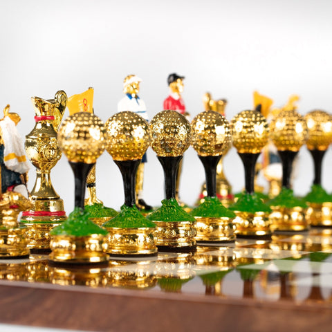 Italian Golf Chess Set, Hand-Painted Pewter, Lacquered Elm Board 42cm King 8cm