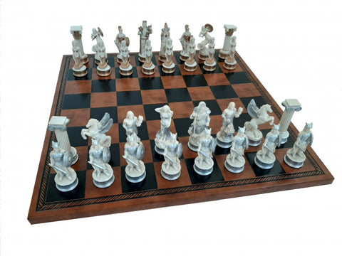 Greek Mythology Chess Set Hand-Painted Resin, Faux Leather Board, Made in Italy