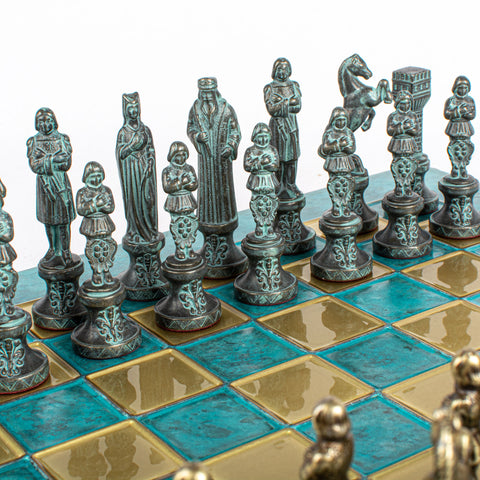 Renaissance Metal Chess Set Blue & Bronze Chessmen Board 36Cm Manopoulos S9Btir