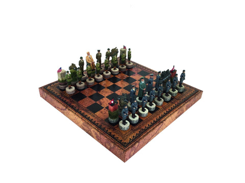 WWII Hand-Painted Chess Set, PU Leather Board w/ Storage, Checkers & Backgammon