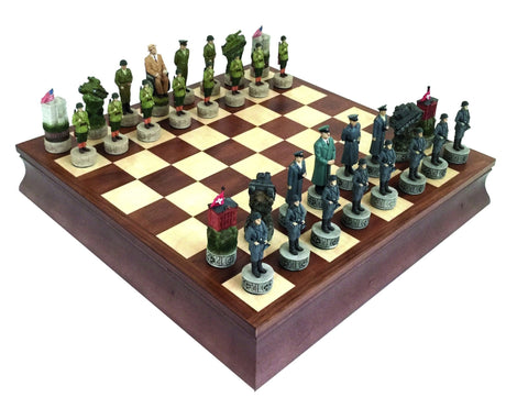 WWII Hand-Painted Chess Set with Board & Luxury Walnut Box, Made in Italy