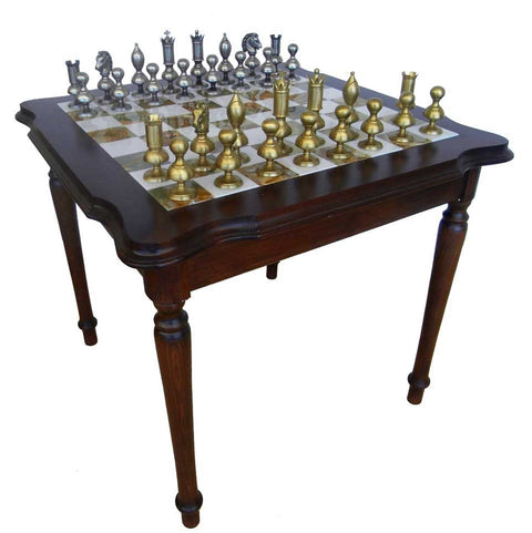 Italfama Italian Marble-Top Chess Table with Oversized Gold/Silver Brass Set
