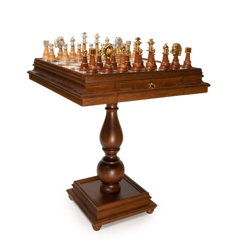 Italfama Alabaster Wood Chess Table with Drawers, 60x60cm, Made in Italy