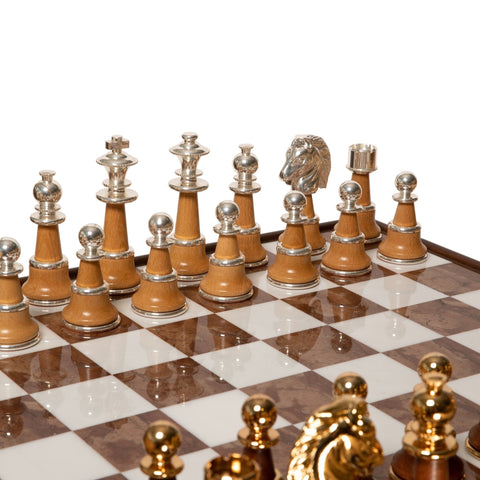 Italfama XL Gold & Silver Plated Chess Set with Wood & Marble Table, Italy