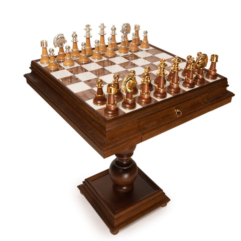 Italfama XL Gold & Silver Plated Chess Set with Wood & Marble Table, Italy
