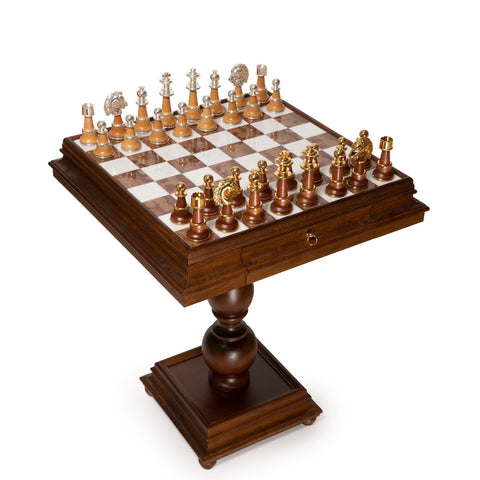 Italfama XL Gold & Silver Plated Chess Set with Wood & Marble Table, Italy