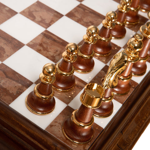 Italfama XL Gold & Silver Plated Chess Set with Wood & Marble Table, Italy