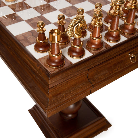 Italfama XL Gold & Silver Plated Chess Set with Wood & Marble Table, Italy