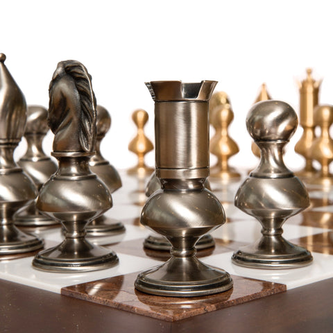 Italfama Brass Chess Set & Wooden Alabaster Table, 15cm King, Handmade