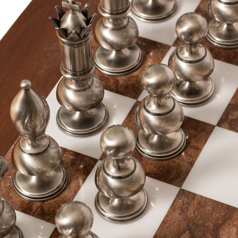 Italfama Brass Chess Set & Wooden Alabaster Table, 15cm King, Handmade