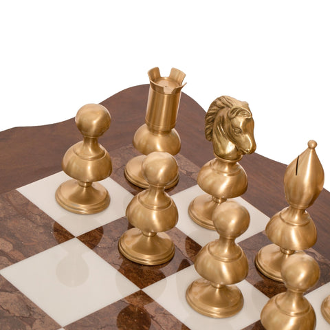 Italfama Brass Chess Set & Wooden Alabaster Table, 15cm King, Handmade