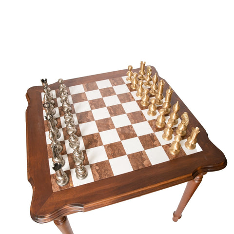 Italfama Brass Chess Set & Wooden Alabaster Table, 15cm King, Handmade