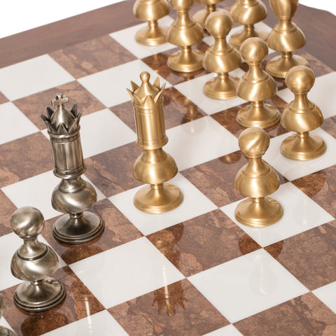 Italfama Brass Chess Set & Wooden Alabaster Table, 15cm King, Handmade