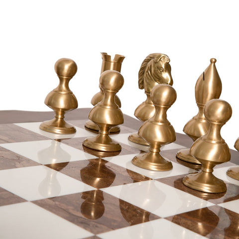 Italfama Brass Chess Set & Wooden Alabaster Table, 15cm King, Handmade