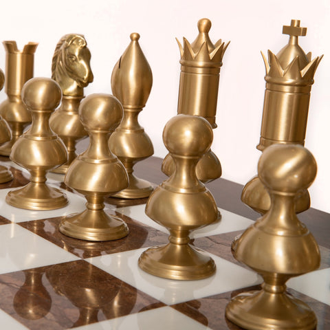 Italfama Brass Chess Set & Wooden Alabaster Table, 15cm King, Handmade