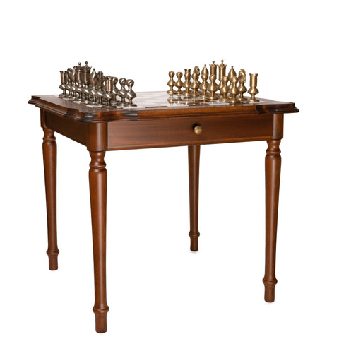 Italfama Brass Chess Set & Wooden Alabaster Table, 15cm King, Handmade