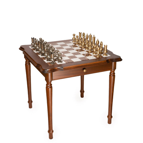 Italfama Brass Chess Set & Wooden Alabaster Table, 15cm King, Handmade