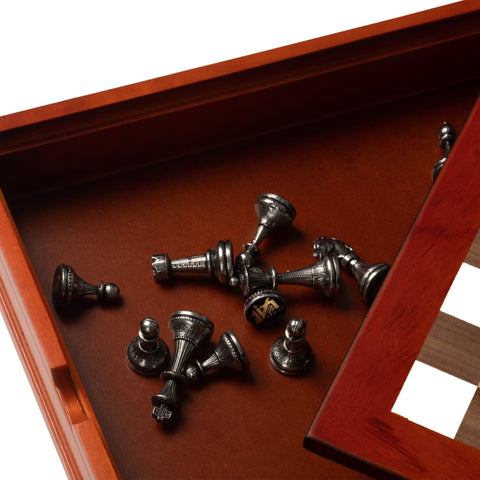 Italfama Luxury Chess Set Metal Pieces, 28cm Wooden Board, Storage Box, Italy