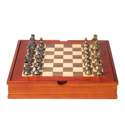 Italfama Luxury Chess Set Metal Pieces, 28cm Wooden Board, Storage Box, Italy