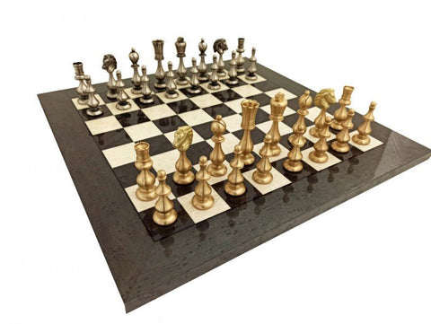 Italfama Brass Chess Set Gold/Silver Plated, Handmade Gray Wood Board 51cm