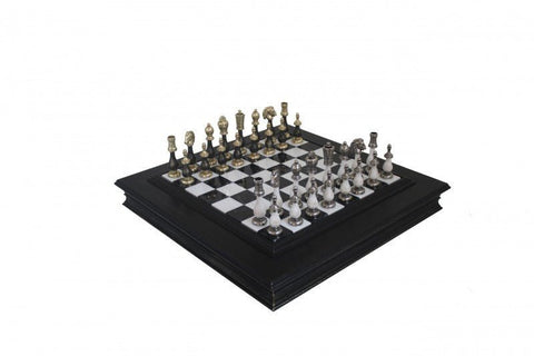 Handcrafted Italfama Chess Set, Marble-Wood Board, Metal Pieces, Storage, 50cm