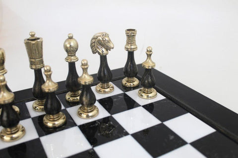 Handcrafted Italfama Chess Set, Marble-Wood Board, Metal Pieces, Storage, 50cm