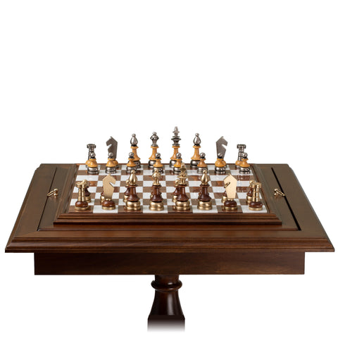 Italfama Beech Chess Table Set, Metal/Wood Pieces, Alabaster Board, 9cm King