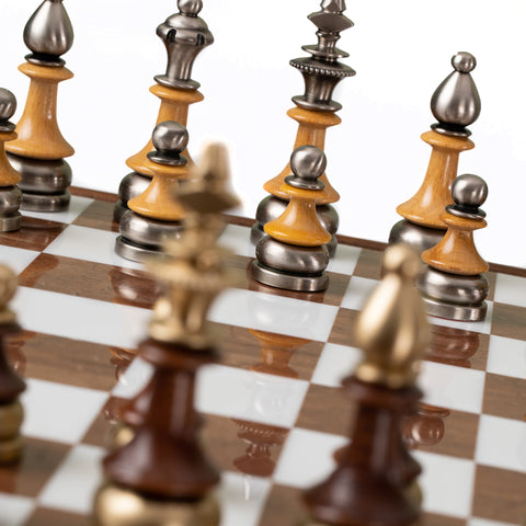 Italfama Beech Chess Table Set, Metal/Wood Pieces, Alabaster Board, 9cm King