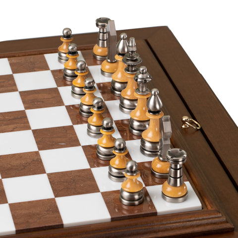 Italfama Beech Chess Table Set, Metal/Wood Pieces, Alabaster Board, 9cm King