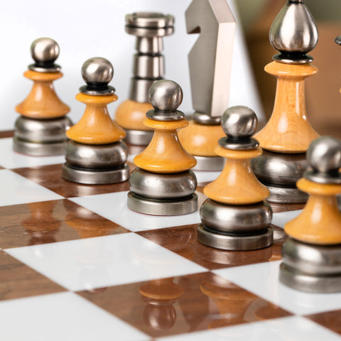 Italfama Beech Chess Table Set, Metal/Wood Pieces, Alabaster Board, 9cm King