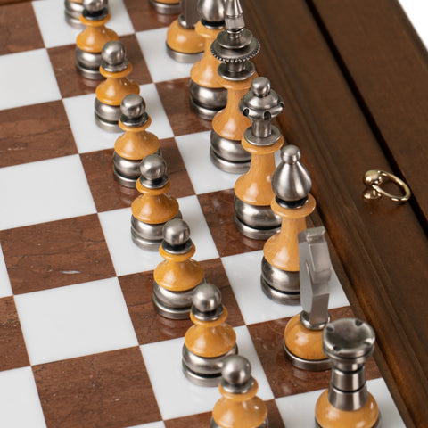 Italfama Beech Chess Table Set, Metal/Wood Pieces, Alabaster Board, 9cm King