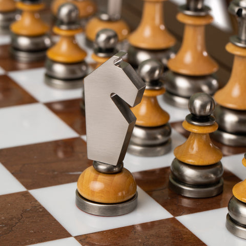 Italfama Beech Chess Table Set, Metal/Wood Pieces, Alabaster Board, 9cm King