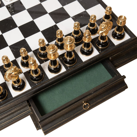 Italfama Brass Chess Set, Alabaster Board, 5" King, Handmade in Italy